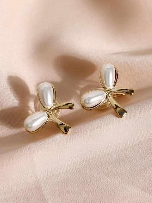 14k Gold [ear clip] Brass Imitation Pearl Bowknot Minimalist Clip Earring